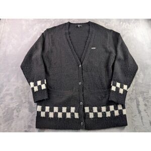 Vans Womens Checkerboard Knit Cardigan Sweater Black XS/S Button Front Pockets